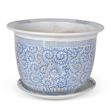 BLUE AND WHITE FLORAL DESIGN PLANTER WITH SAUCER