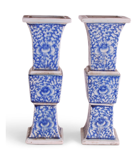 BLUE AND WHITE SQUARE BEAKERS, PAIR