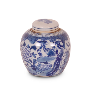 BLUE AND WHITE BIRD AND FLOWER JAR
